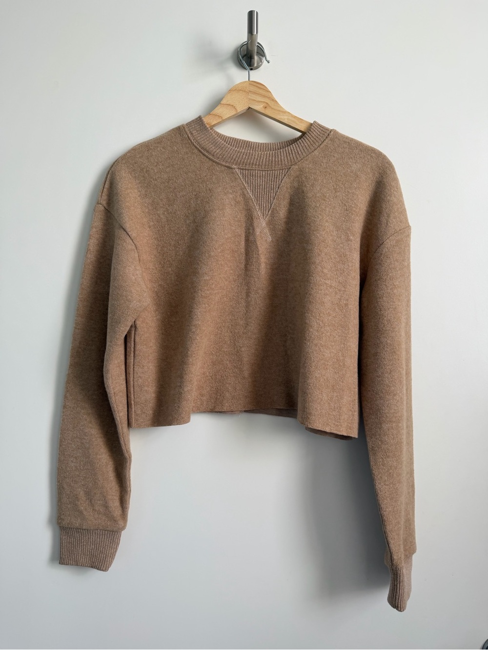 Zara Cropped Crewneck Sweater in Light Brown